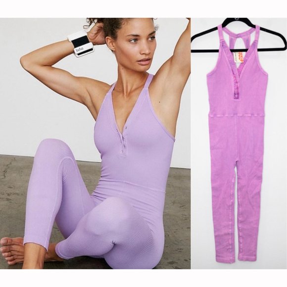 Free People Pants - Free People Happiness Runs Henley Onesie Vintage Rhododendron Ribbed Unitard J20